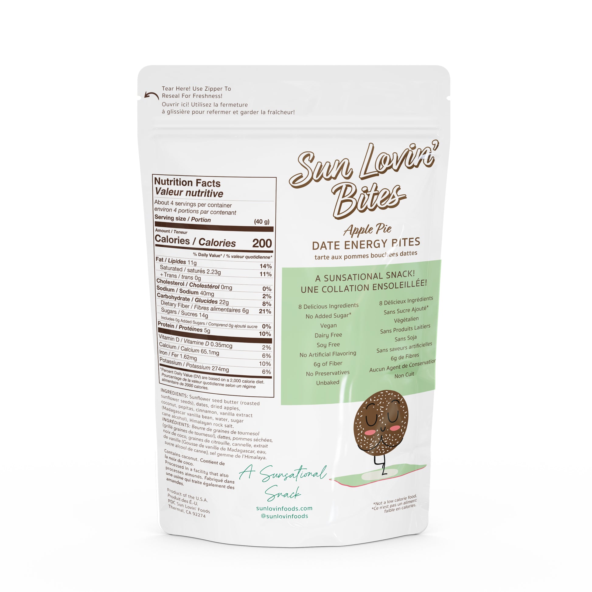 Sunflower Butter Filled Apple Pie Bites Pouch Back by Sun Lovin' Foods.
