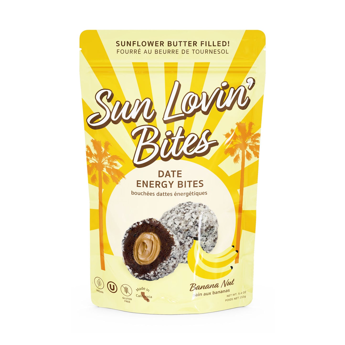 Sunflower Butter Filled Banana Nut Bites Pouch Front by Sun Lovin' Foods.