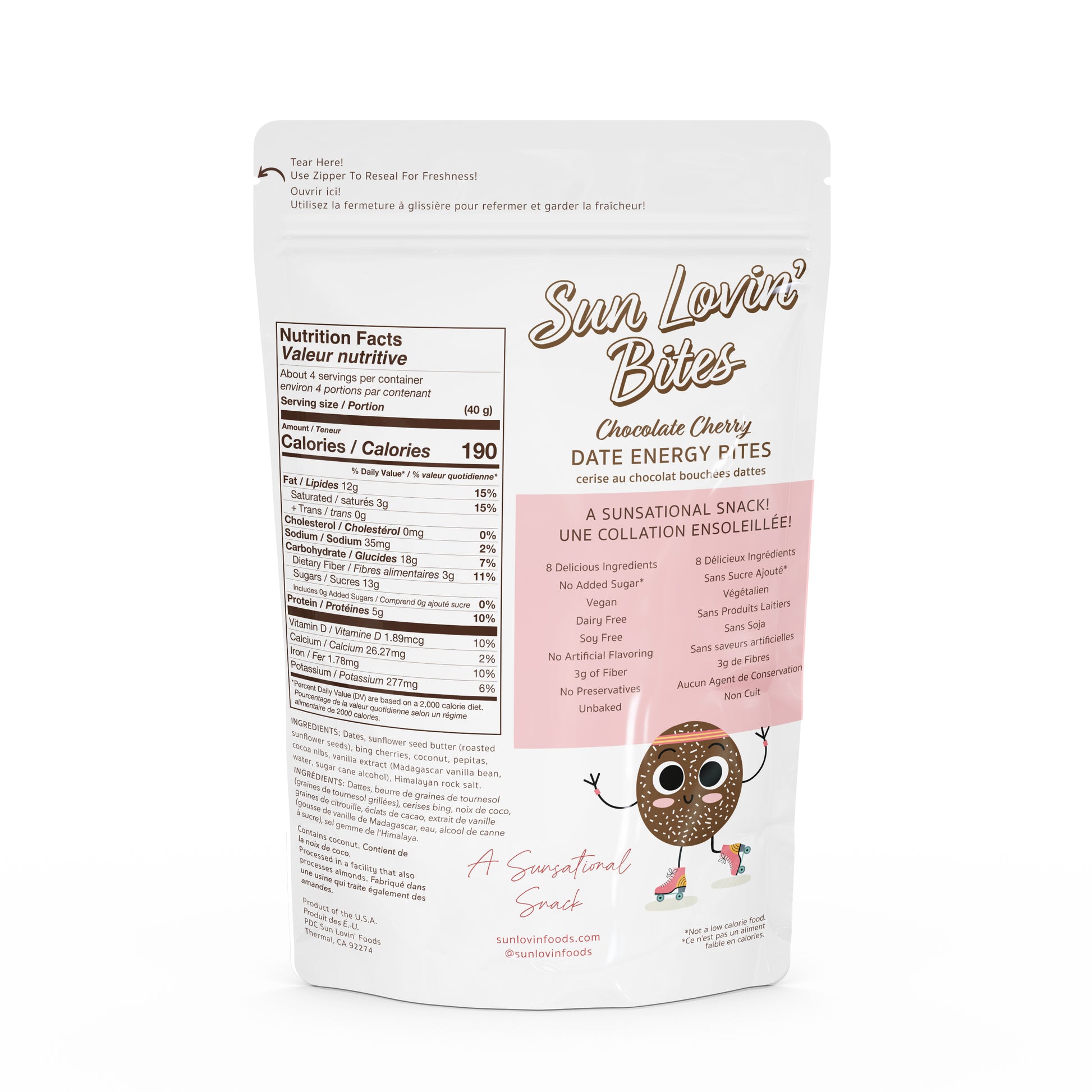 Sunflower Butter Filled Chocolate Cherry Bites Pouch Back by Sun Lovin' Foods.