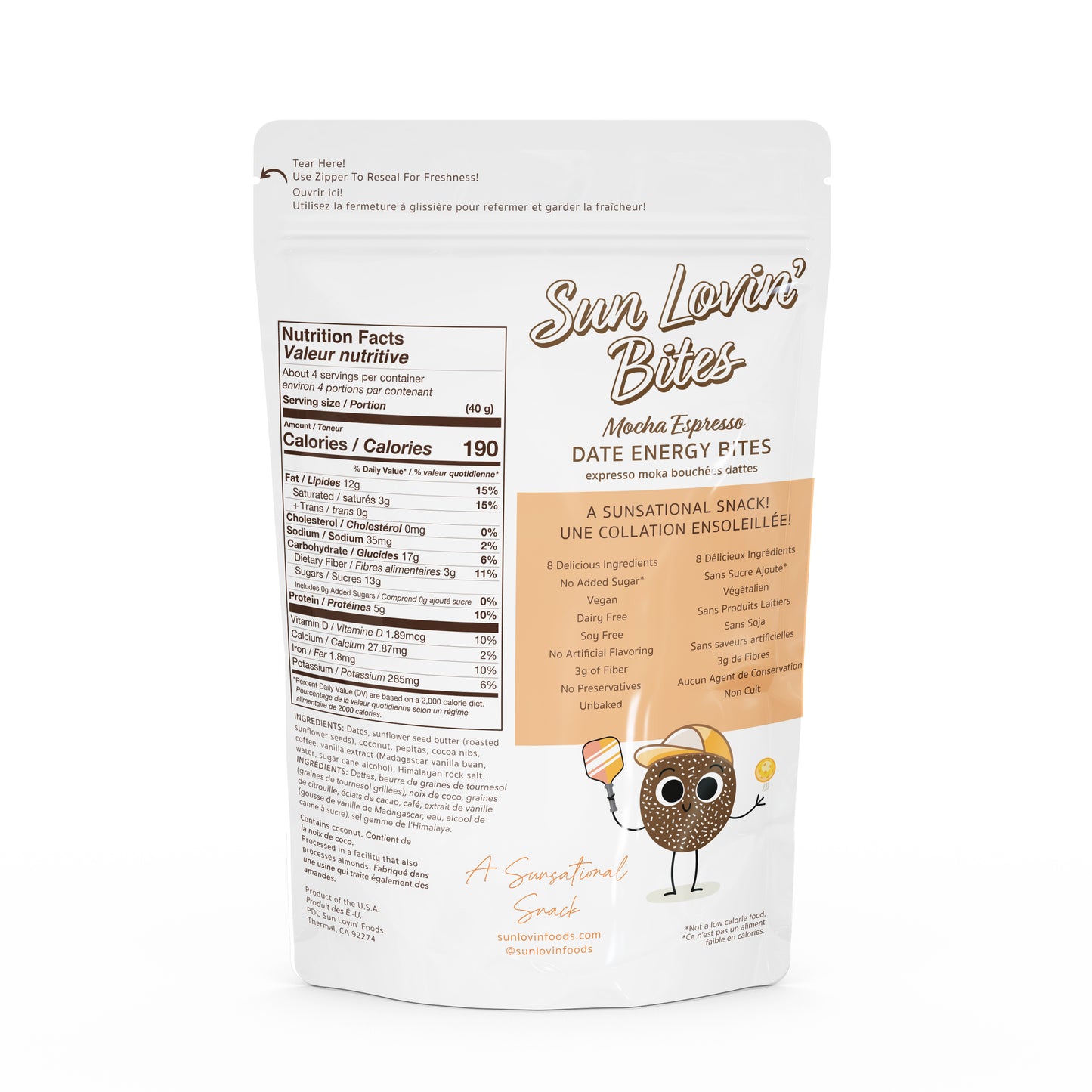 Sunflower Butter Filled Mocha Espresso Bites Pouch Back by Sun Lovin' Foods.