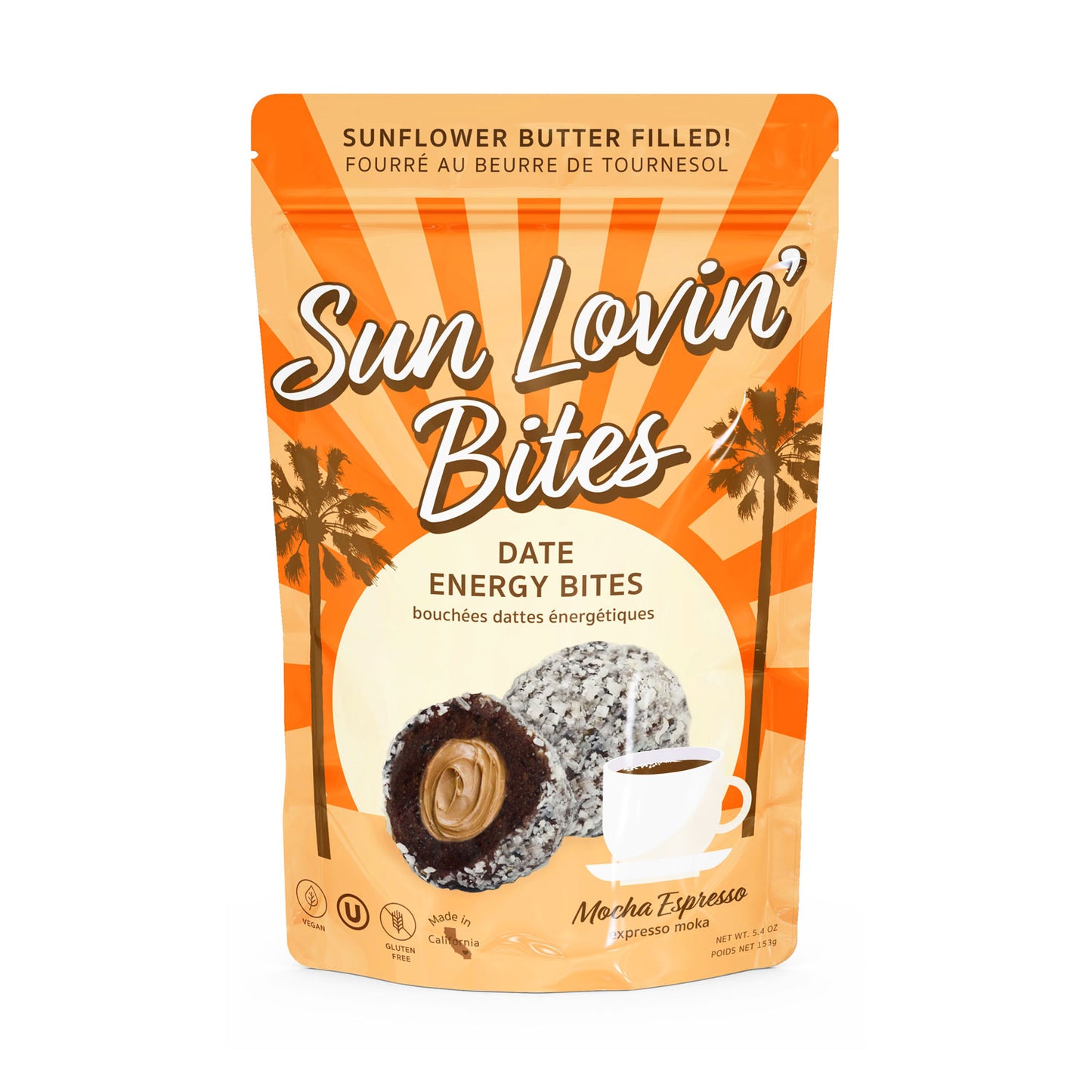 Sunflower Butter Filled Mocha Espresso Bites Pouch Front by Sun Lovin' Foods.