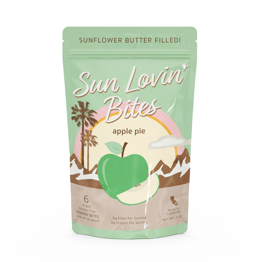 Sunflower Butter Filled Apple Pie Bites Pouch Front by Sun Lovin' Foods.