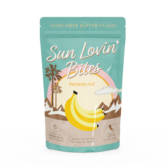 Sunflower Butter Filled Banana Nut Bites Pouch Front by Sun Lovin' Foods.