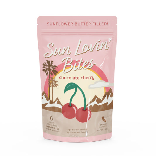 Sunflower Butter Filled Chocolate Cherry Bites Pouch Front by Sun Lovin' Foods.