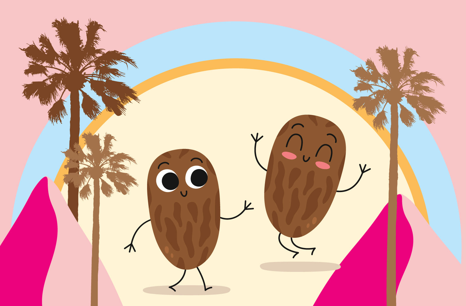 Sun Lovin' Dates banner with two dancing Date Characters between two palm trees. 