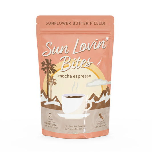 Sunflower Butter Filled Mocha Espresso Bites Pouch Front by Sun Lovin' Foods.