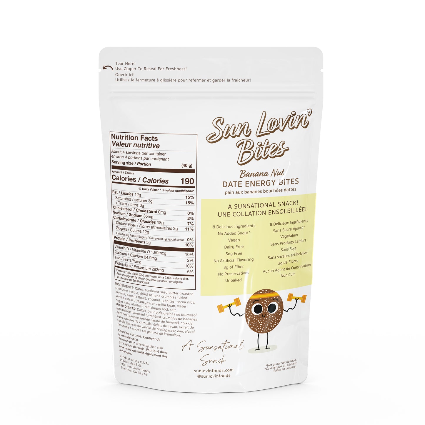 Sunflower Butter Filled Banana Nut Bites Pouch Back by Sun Lovin' Foods.