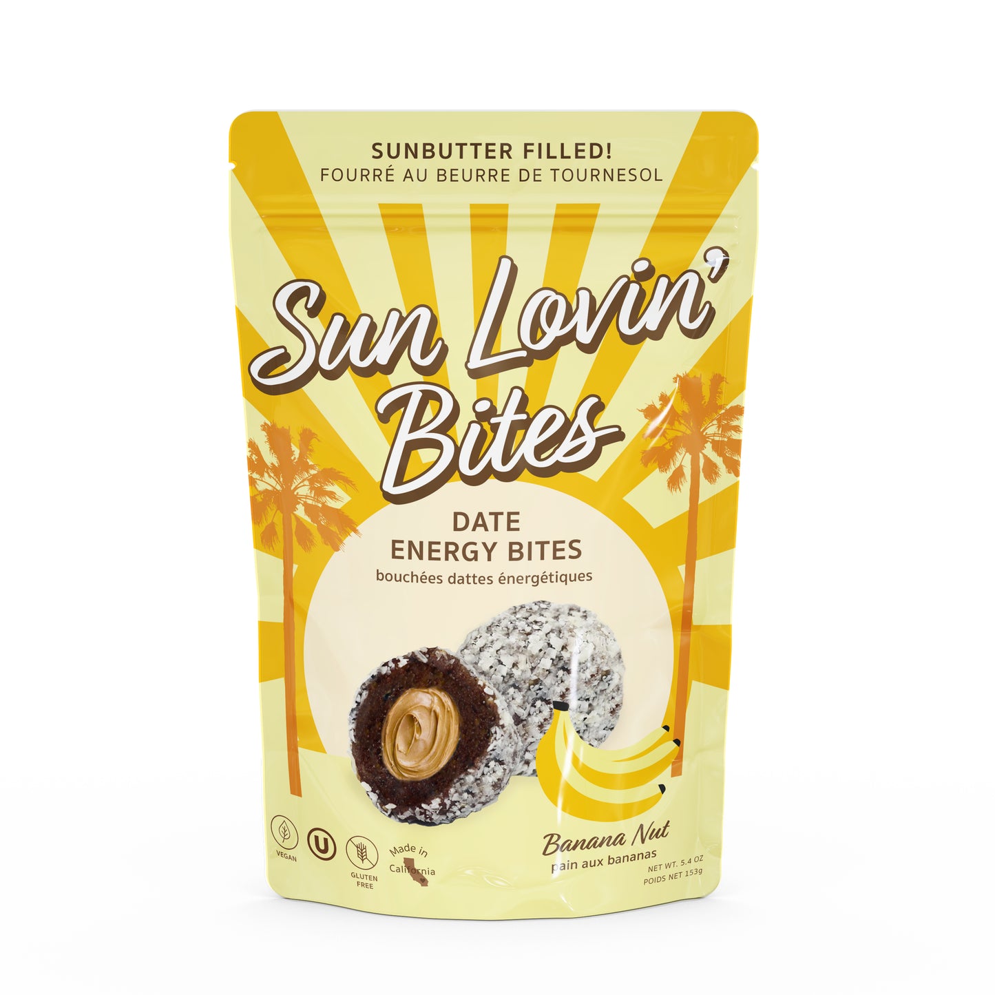 Sunflower Butter Filled Banana Nut Bites Pouch Front by Sun Lovin' Foods.