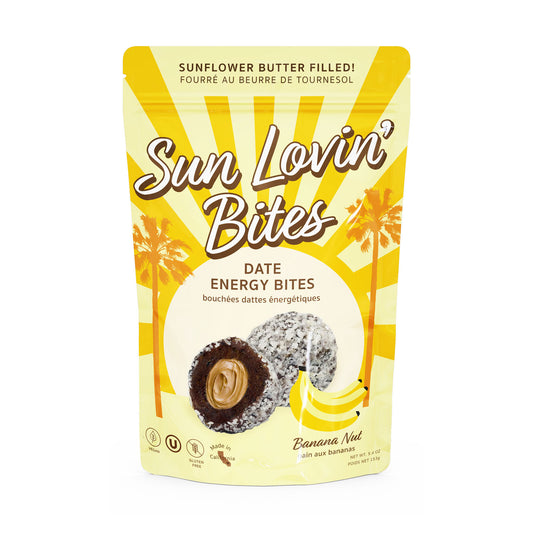 Sunflower Butter Filled Banana Nut Bites Pouch Front by Sun Lovin' Foods.