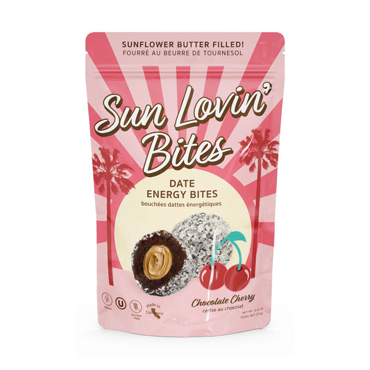 Sunflower Butter Filled Chocolate Cherry Bites Pouch Front by Sun Lovin' Foods.