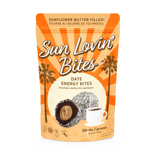 Sunflower Butter Filled Mocha Espresso Bites Pouch Front by Sun Lovin' Foods.